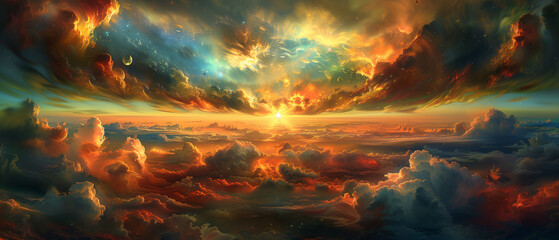 Wall Mural - painting of a sunset with clouds and a sunbeam