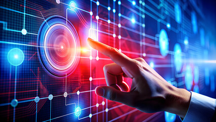 Fingers are pressing on the interface screen in the air. The overall look is modern, using AI for processing.