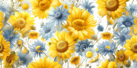 Wall Mural - there are many yellow and blue flowers on a white background