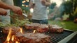 © Rinowz - Outdoor garden party, friends grilling beef steaks