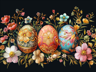 Wall Mural - there are three eggs with different designs on them on a black background