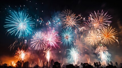 Wall Mural - Colorful Fireworks Display Over a Horizon During Nighttime Celebration