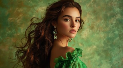 A beautiful woman with long flowing brown hair, wearing a green dress and emerald earrings, against a green background. The image symbolizes beauty, elegance, style, grace, and femininity.