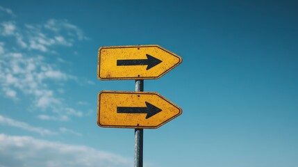 An image showing two yellow directional signs pointing in opposite directions, illustrating the concept of decision-making and alternative paths under a clear sky.