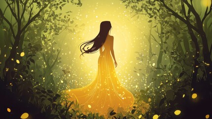 Wall Mural - Cartoon illustration of a beautiful woman glowing with enchantment standing gracefully in a magical forest