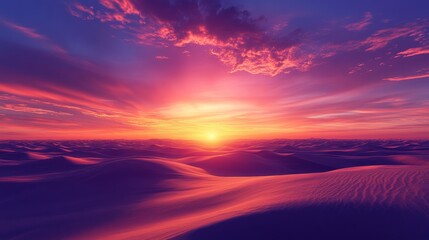 Sticker - A breathtaking sunset over a vast desert landscape. The sky is ablaze with vibrant hues of pink, orange, and purple, while the sand dunes cast long shadows. The sun dips below the horizon, creating a 