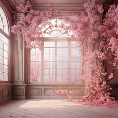 Wall Mural - there is a room with a window and a tree with pink flowers