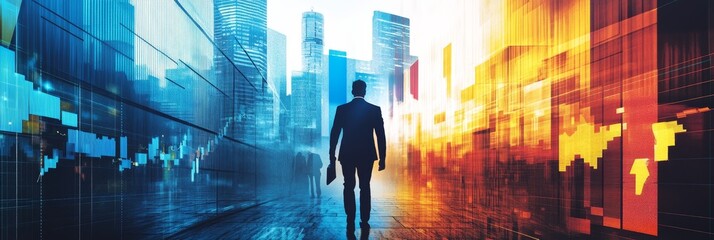 Wall Mural - A businessman walks confidently towards a bright future, symbolized by the cityscape, a rising stock chart, and a bright light. His determined stride signifies ambition and progress.