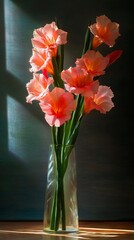 Wall Mural - A vase filled with pink flowers sitting on top of a table