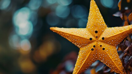 Wall Mural - A close-up of a golden star-shaped leaf with water droplets on its surface,  against a soft, out-of-focus background. The image symbolizes nature's beauty,  delicate details,  renewal,  tranquility, a