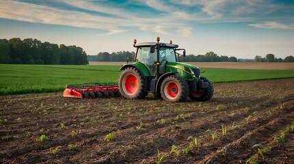 Concept photo shoot of red and white old tractor in field	
