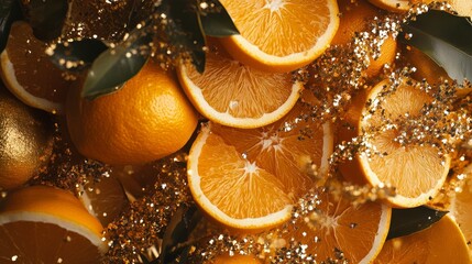 Sticker - A close-up image of fresh orange slices, radiating warmth and vibrancy, against a backdrop of shimmering golden glitter, evoking feelings of joy, celebration, and abundance.