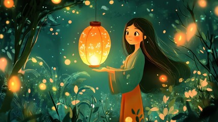 Cartoon illustration of a beautiful girl glowing softly holding a Chinese lantern in a mystical garden