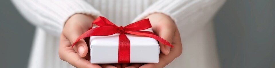 A person is holding a white gift box with a red ribbon on it.