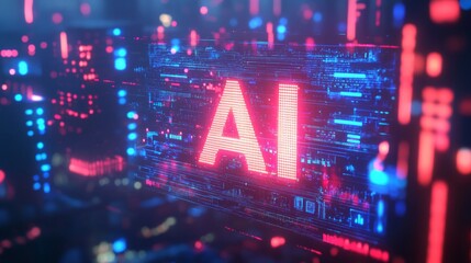 Aufkleber - Futuristic AI. Glowing Letters in a High-Tech Cityscape