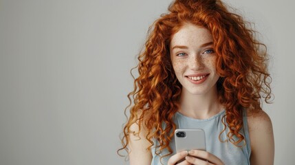 Wall Mural - The red-haired woman with smartphone