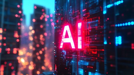 Aufkleber - Futuristic AI. Glowing Letters in a High-Tech Cityscape