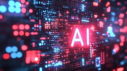 Aufkleber - Futuristic AI. Glowing Letters in a High-Tech Cityscape