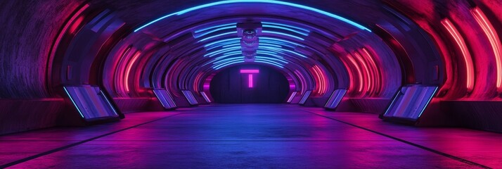 Sticker - A futuristic tunnel lit by neon lights, the pink and blue colors create a vibrant and mysterious atmosphere, symbolizing a passage, a portal to the future, a gateway to a different world, and an invit