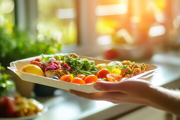 Wall Mural - A hand holds a paper tray filled with a variety of healthy and delicious foods, symbolizing a balanced diet, fresh ingredients, meal preparation, and mindful eating.