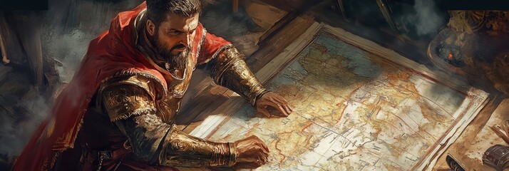 A medieval commander, adorned in armor and a red cloak, leans over a weathered map, his expression serious and focused, symbolizing strategy, planning, leadership, and the importance of information in