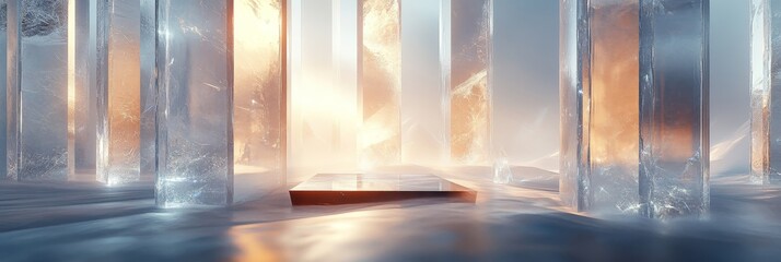 Sticker - A minimalist scene featuring a reflective platform surrounded by towering crystal structures bathed in a warm, ethereal glow. The image symbolizes purity, clarity, and a sense of wonder.