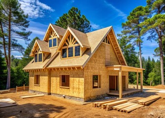 Under-construction L-shaped wooden house with gabled dormer roof, OSB plywood sheeting envelope, and frame truss beam in suburban Atlanta, Georgia, amidst new development.