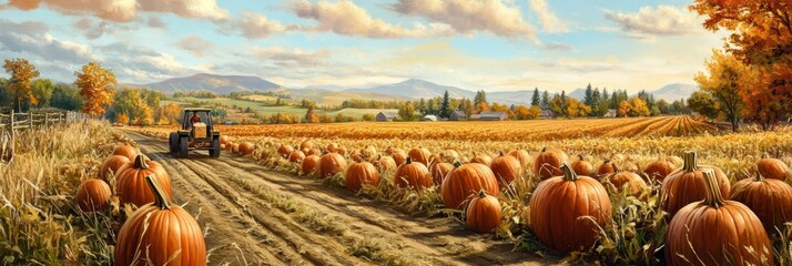 Wall Mural - A tractor drives through a scenic pumpkin patch, with rolling hills in the distance and colorful trees in the background. The image symbolizes the beauty of autumn, the bounty of harvest, and the hard