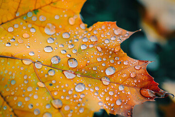 Wall Mural - Autumn maple leaf with water drops background.