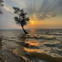 Wall Mural - there is a lone tree on the shore of the ocean