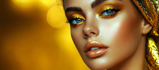 Wall Mural - Fashion model girl with golden makeup. Art design. Close-up.