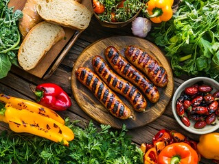 A wooden cutting board topped with sausages and vegetables on top of a wooden table