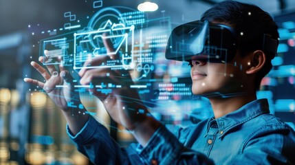 Poster - A young individual wearing a virtual reality headset interacts with a 3D holographic display, exploring digital interfaces in a modern technology center during the evening hours