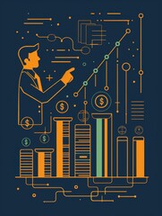 Poster - An illustration symbolizing business growth, financial success, strategy, planning, and leadership, shown with a businessman pointing to an upward trend line, bar graphs, dollar signs, and other abstr