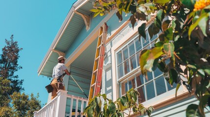 A painter stands on a white porch railing, using a long-handled paint roller to paint the blue exterior of a home