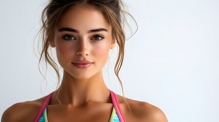 Portrait of a fit and beautiful woman wearing a colorful summer sports bra, with her hair tied back, isolated on a white background