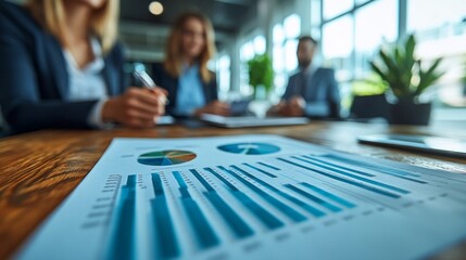 Aufkleber - A group of people are sitting around a table with a blue and white graph on it
