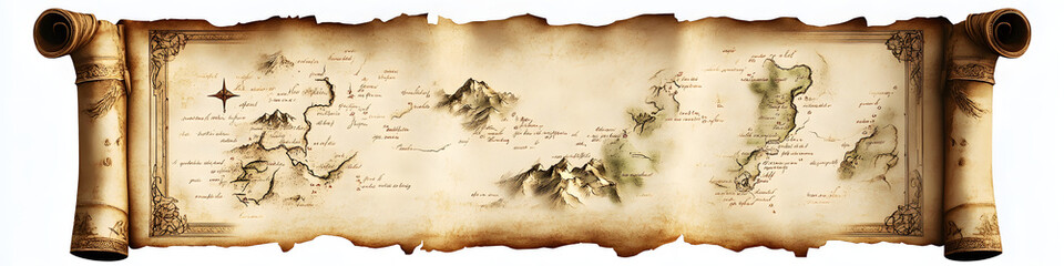 Wall Mural - Ancient map of a fantasy land inscribed on a scroll of old paper parchment isolated on a white background Ai generated image