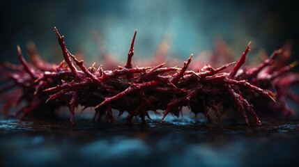 A close up of a red, thorny plant with a cross shape