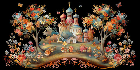 Wall Mural - painting of a church surrounded by flowers and trees on a black background