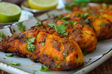 Sticker - Close up of juicy tandoori chicken garnished with fresh cilantro on a white plate