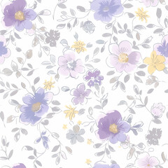 Wall Mural - purple and yellow flowers on a white background with leaves