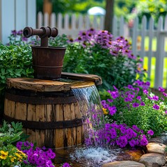 A water fountain in the middle of a flower garden