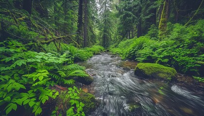 Serene forest stream surrounded by lush greenery in a peaceful woodland setting during daylight