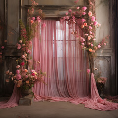 Canvas Print - there is a pink curtain with flowers on it and a vase of flowers