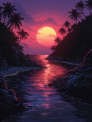 Wall Mural - sunset over a beach with palm trees and a body of water