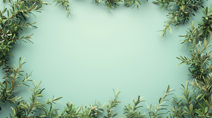 Wall Mural - there is a green frame with leaves on it on a blue background