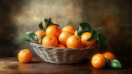 Basket of tangerines on a wooden table, captured in a still life style, highlighting the bright colors and fresh texture of the fruit.