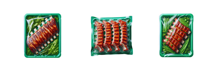 Set of pack of BBQ ribs bone grilled pork ribs in transparent Packaging, isolated over on transparent white background