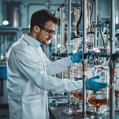 Poster - A man in a lab coat is working with chemicals
